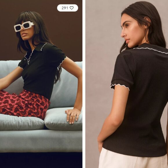 Maeve Anthropologie Black & White Scalloped Ribbed Top - Picture 3 of 9